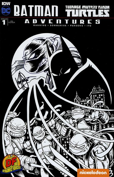 DF BATMAN/TEENAGE MUTANT NINJA TURTLES ADVENTURES #1 DF EXCLUSIVE BW VARIANT SIGNED AND REMARKED BY KEN HAESER WITH A TMNT HEAD SKETCH - #1