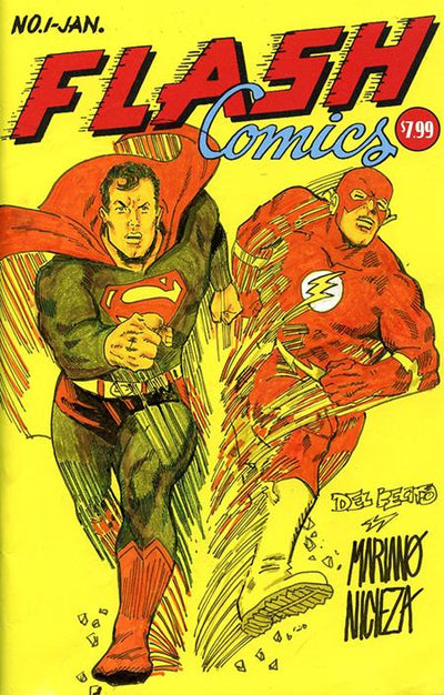 DF DC COMICS COMMISSIONED COVER ART SIGNED AND REMARKED BY MARIANO NICIEZA AND JOE DELBEATO WITH A SUPERMAN FLASH RACE HOMAGE SKETCH - #1
