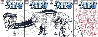DF FANTASTIC FOUR #1 FOUR PIECE BLANK VARIANT SET SIGNED AND REMARKED BY KEN HAESER WITH CONNECTING TEAM SKETCHES - #1