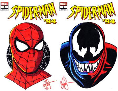 DF SPIDER-MAN ‘94 #1 DUAL BLANK VARIANT SET SIGNED AND REMARKED BY KEN HAESER WITH SPIDER-MAN ’94 AND VENOM ’94 SKETCHES - #1